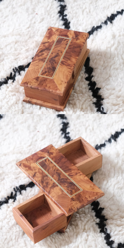 Moroccan handmade rotating wooden jewelry box by edenista in burl wood with gold-edged lid and compact interior