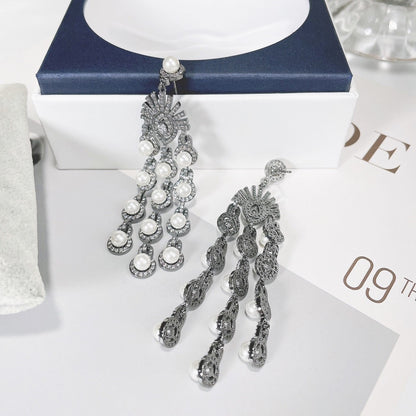 Pair of Micro Inlay Zircon Style Beaded Fringe Earrings, silver-tone with pearl beads