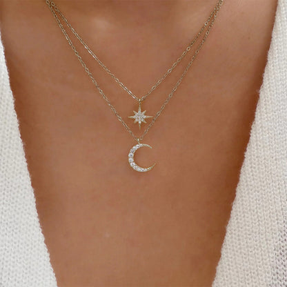 Women's S925 Sterling Silver Double Layer Twin Diamond Star And Moon Necklace by edenista