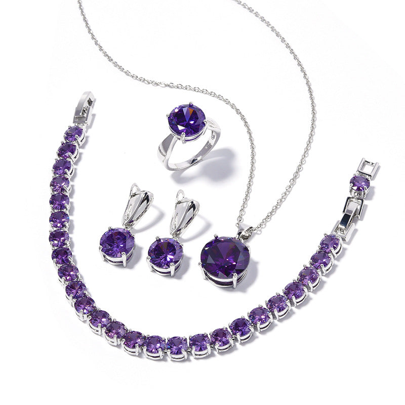 Geometric round purple gemstone jewelry set in silver: necklace, bracelet, ring, and earrings (4 pieces)