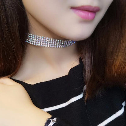 Women's multi-row crystal rhinestone choker necklace, silver-tone band, elegant wedding jewelry accessory