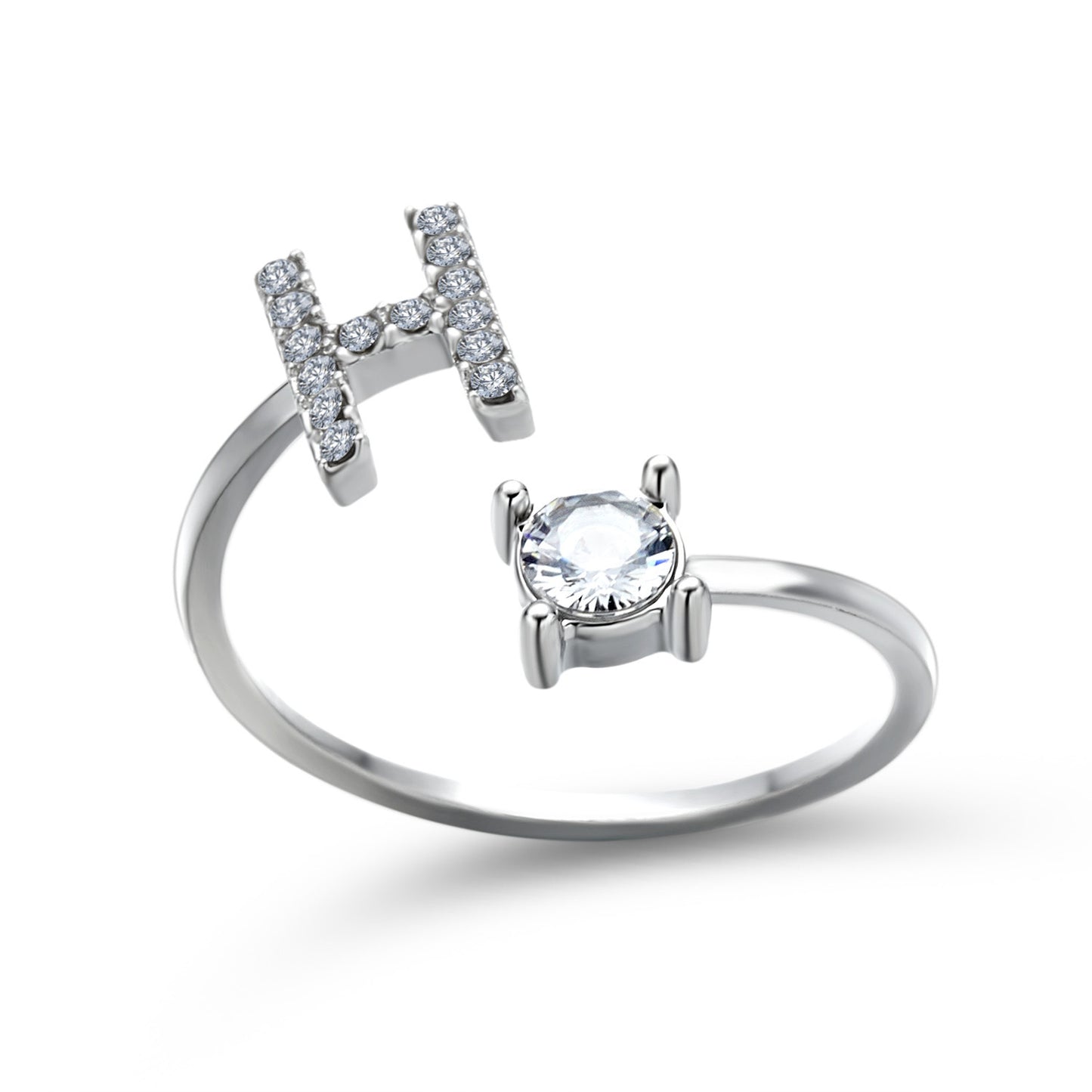 Initial letter H adjustable silver ring with pavé diamonds and a solitaire stone