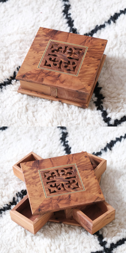 Moroccan handmade rotating wooden jewelry boxes, set of 2; warm burl wood with carved lattice lids