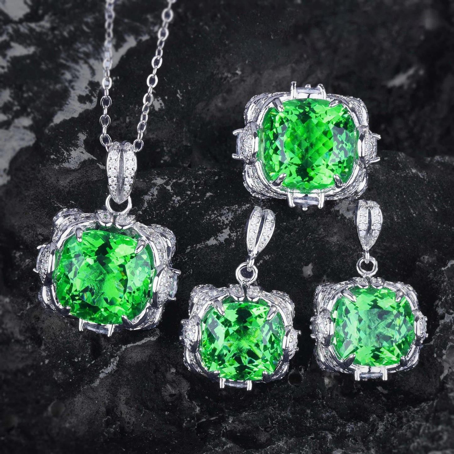 Womens ring necklace and earrings set in silver-tone with vivid green gemstone pendants