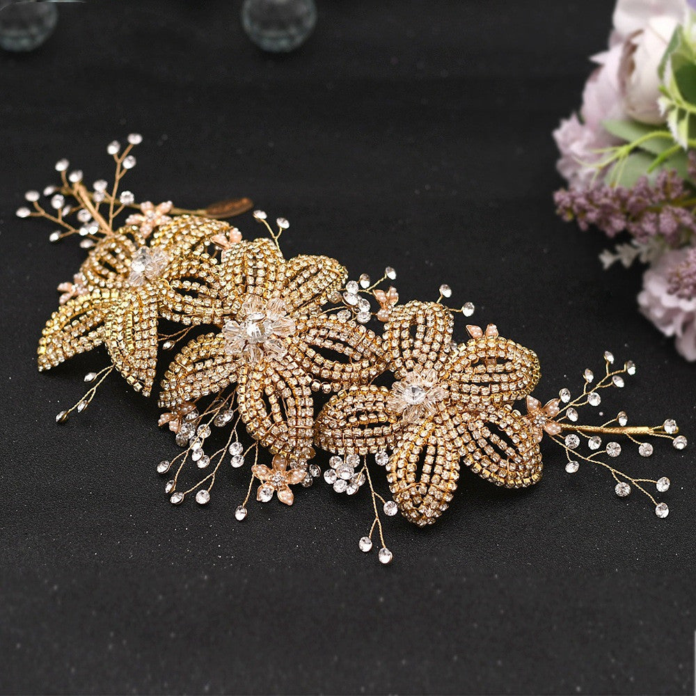 Flower rhinestone gold-tone bridal hair band with crystal petals by CJ