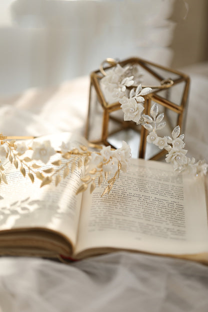 Hair band with gold and silver leaves and white ceramic flowers