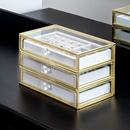 Copper-edge glass jewelry storage box with 3 drawers and crystal knobs by edenista