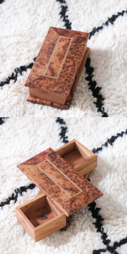 Moroccan handmade rotating wooden jewelry box in burl wood with gold trim by edenista