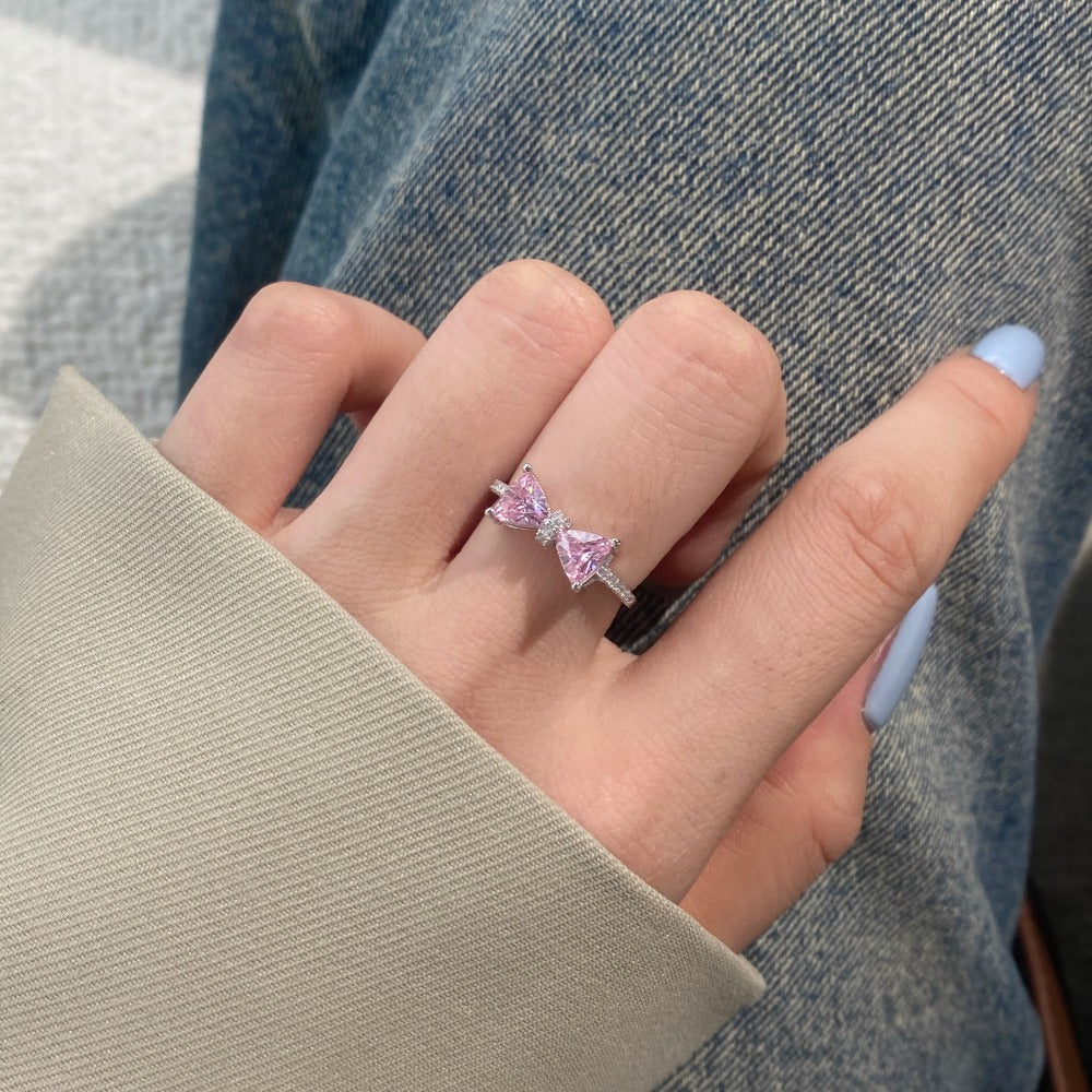 S925 Sterling Silver Bow Women's Ring with two pink crystal bows