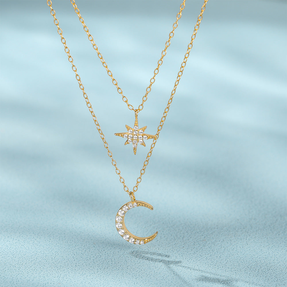 Women's S925 Sterling Silver Double Layer Twin Diamond Star And Moon Necklace by edenista