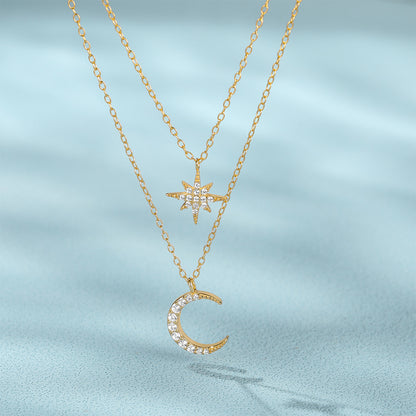 Women's S925 Sterling Silver Double Layer Twin Diamond Star And Moon Necklace by edenista