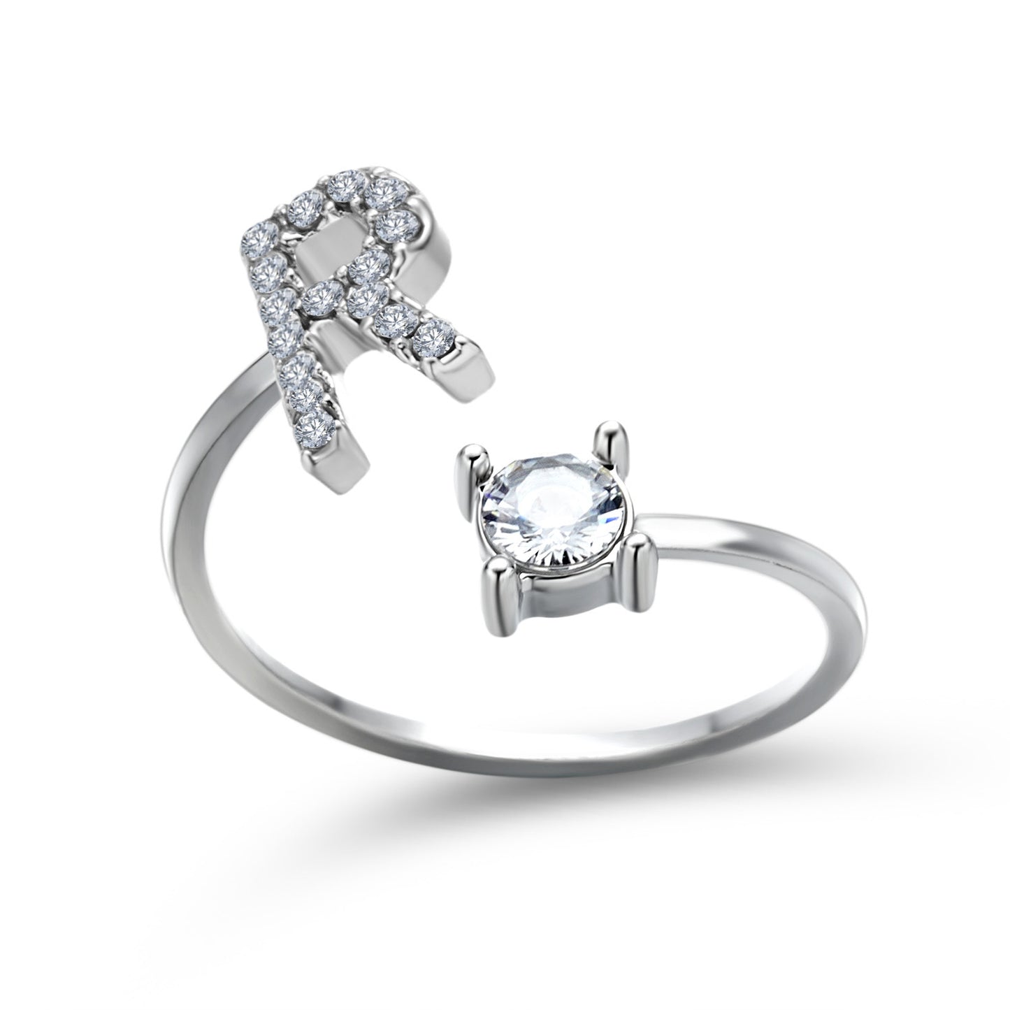 Ring set of two silver-tone rings: pavé-diamond initial-letter band and a solitaire gem band.