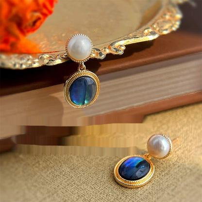 Pair of French-style vintage freshwater pearl and blue-green abalone shell drop earrings in gold-tone