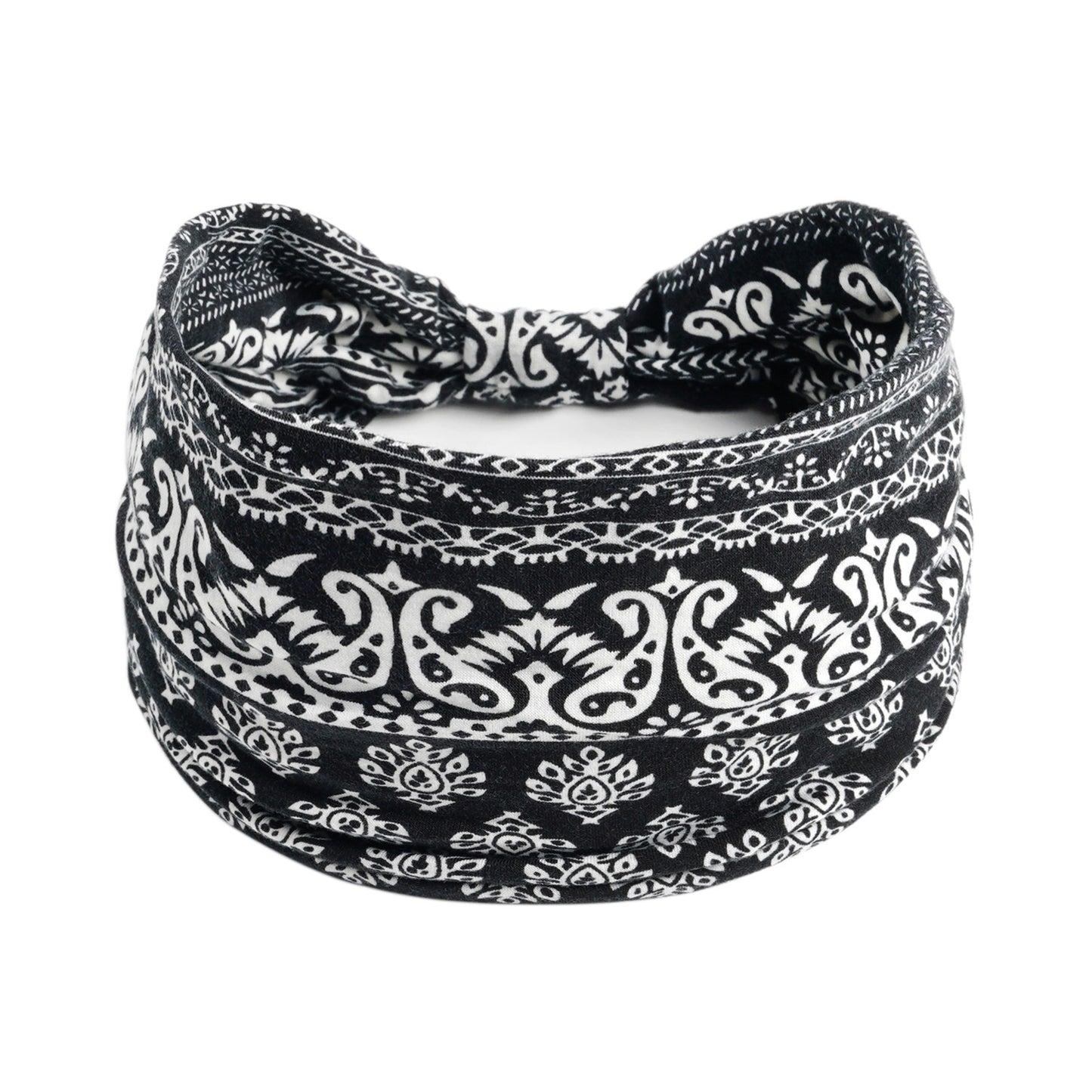 Yoga headband with black-and-white paisley bohemian print, stretchy fabric.