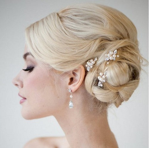 Headdress Pearl Hairpin Wedding Bridal Ornament by cj; white pearl flower accents in an updo.
