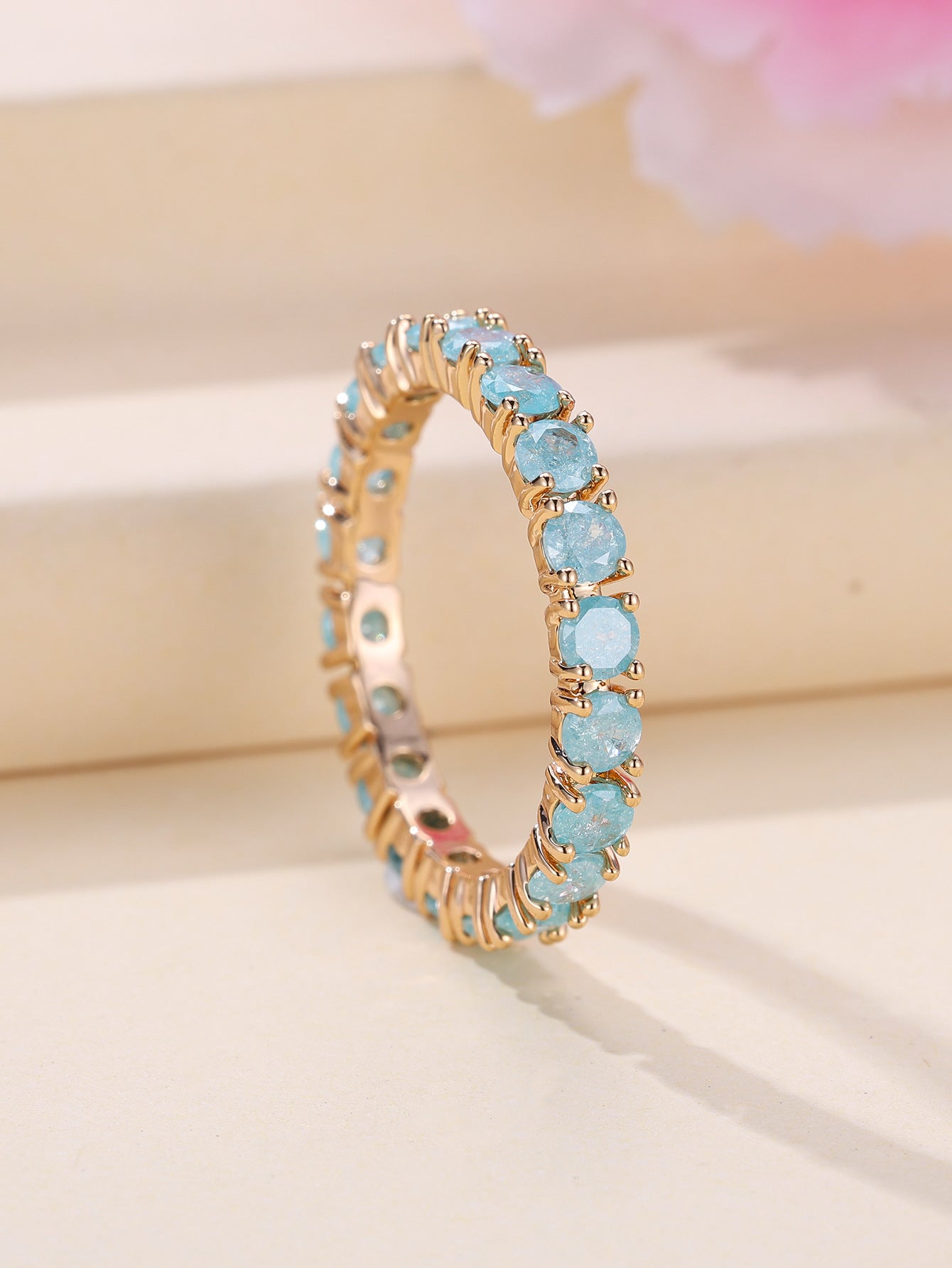 French Retro Champagne Gold Blue Ice Flower Zirconium Full Diamond Ring by edenista