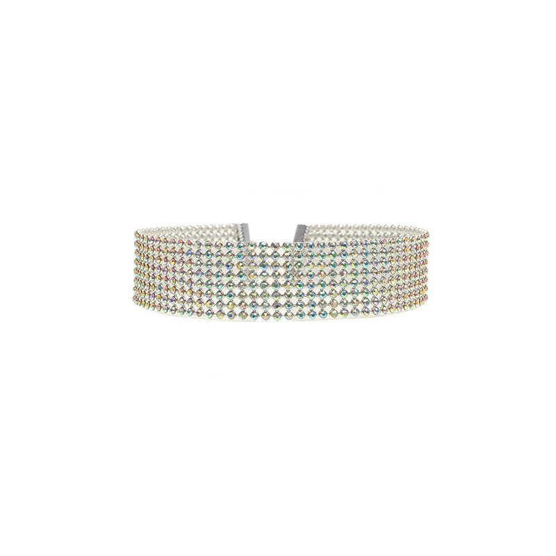 Women's crystal rhinestone choker necklace with multi-row iridescent stones, silver-tone
