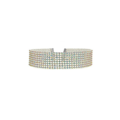 Crystal rhinestone choker necklace for women, wide silver-tone band