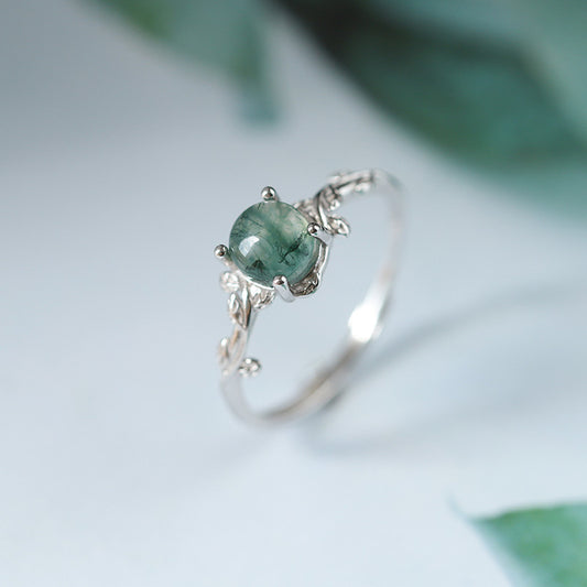 S925 Silver Green Moss Ring Water Plants Agate Stone Finger Ring by edenista