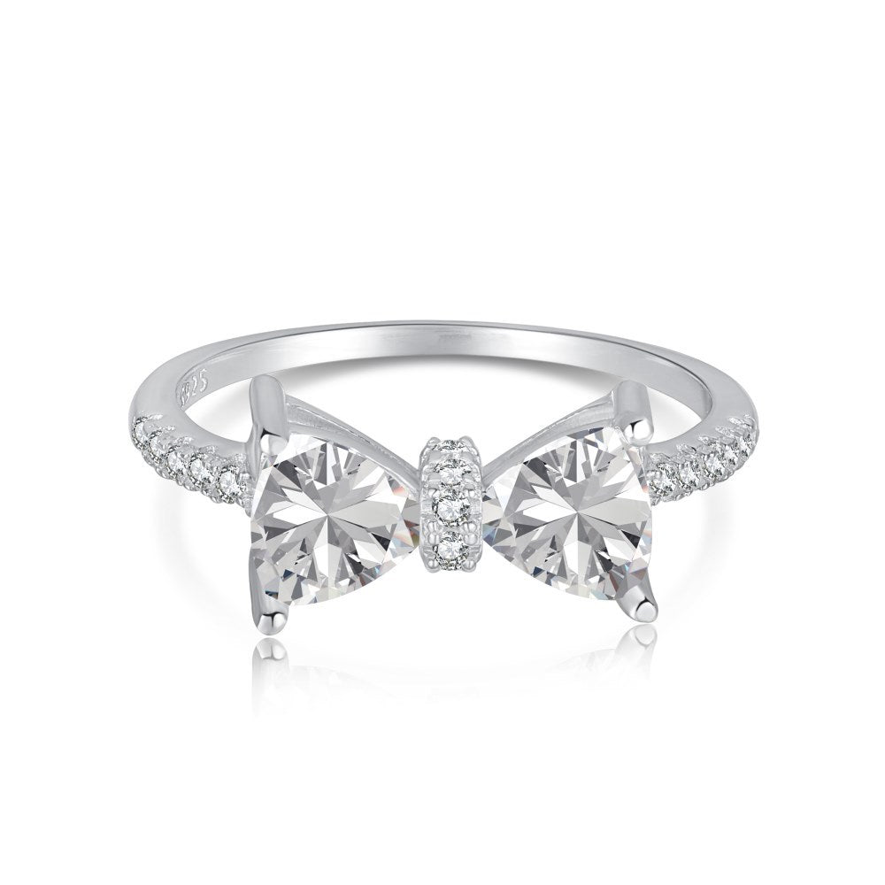 S925 Sterling Silver Bow Ring with two large center crystals and pave accents along the band CJ brand