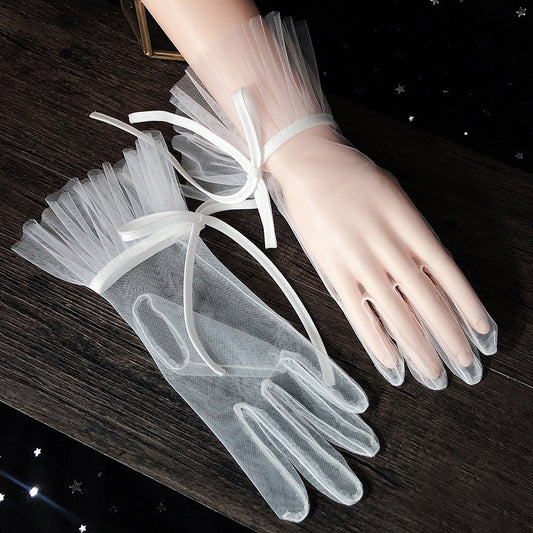 Korean Style short bridal gloves, white sheer with tulle cuffs and satin ribbon ties