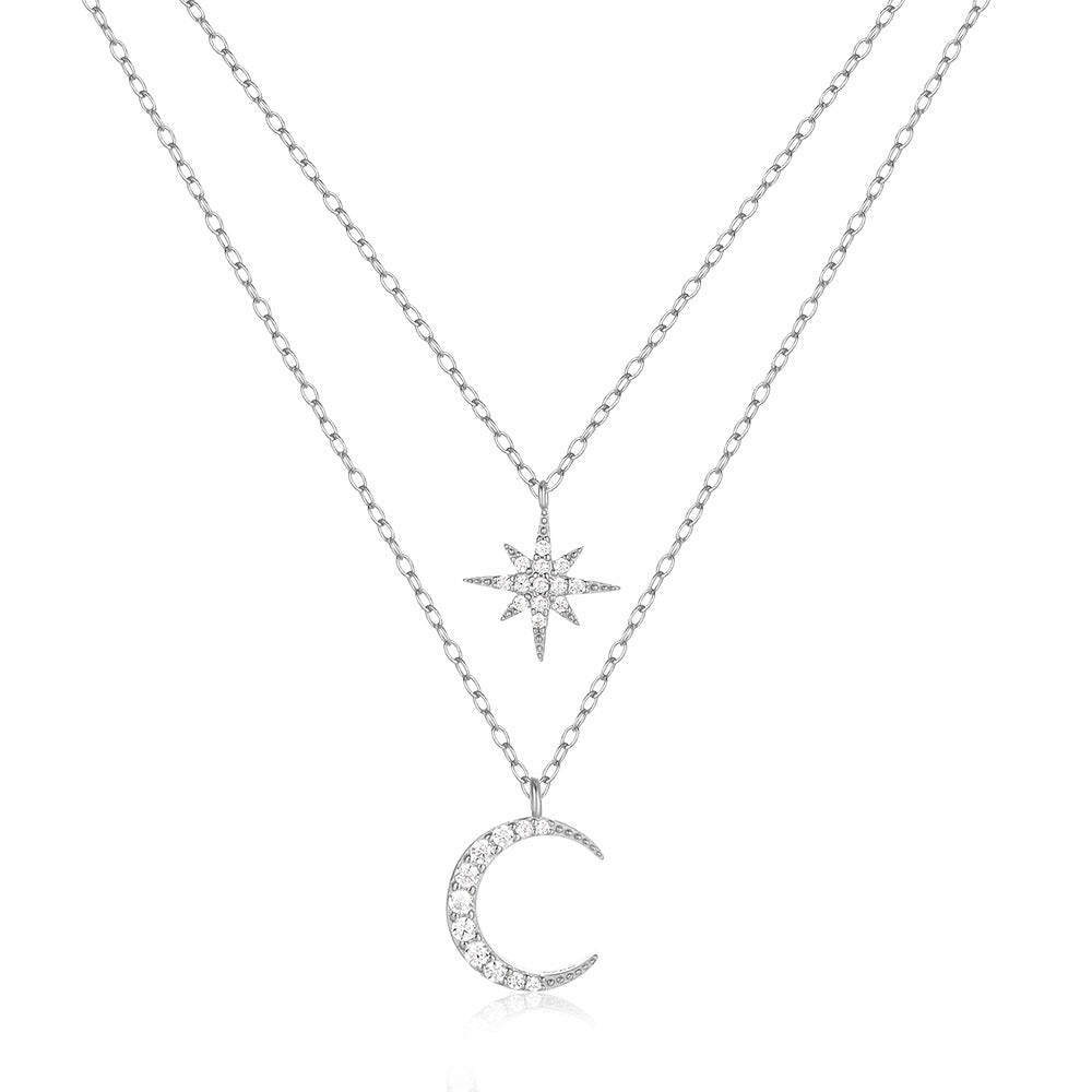 Women's S925 Sterling Silver Double Layer Twin Diamond Star And Moon Necklace by edenista