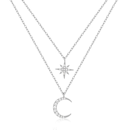 Women's S925 Sterling Silver Double Layer Twin Diamond Star And Moon Necklace by edenista