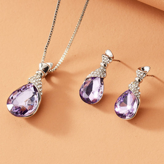 Bridal Jewelry Peacock Gem Necklace and Earrings set with purple teardrop gemstones and pave crystal accents cj