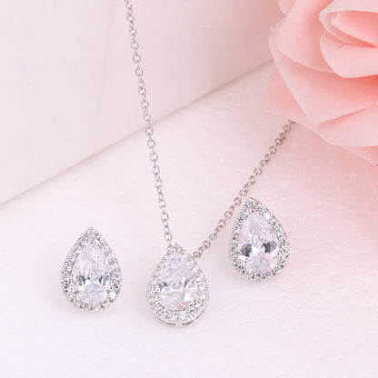 Water Drop Gemstone Necklace and Earrings Set with three teardrop pendants, silver-tone, clear halo stones by cj