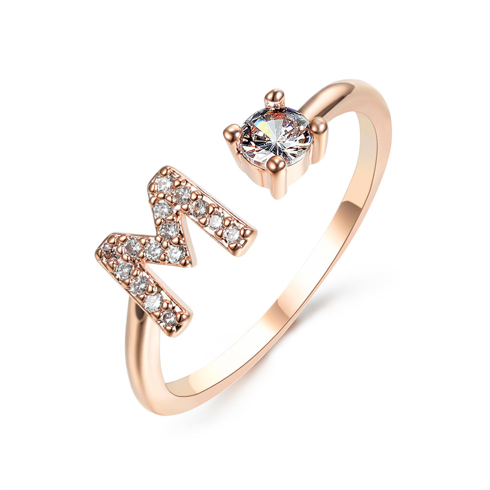 Ring rose gold adjustable initial N with pave crystals and solitaire stone