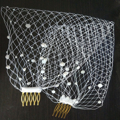 Bridal veil with pearl-dotted white mesh and two gold-tone hair combs