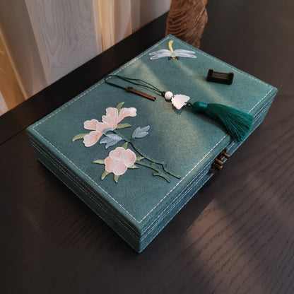 Jewelry box by edenista in teal flannel with pink floral embroidery and dragonfly motif, tassel charm