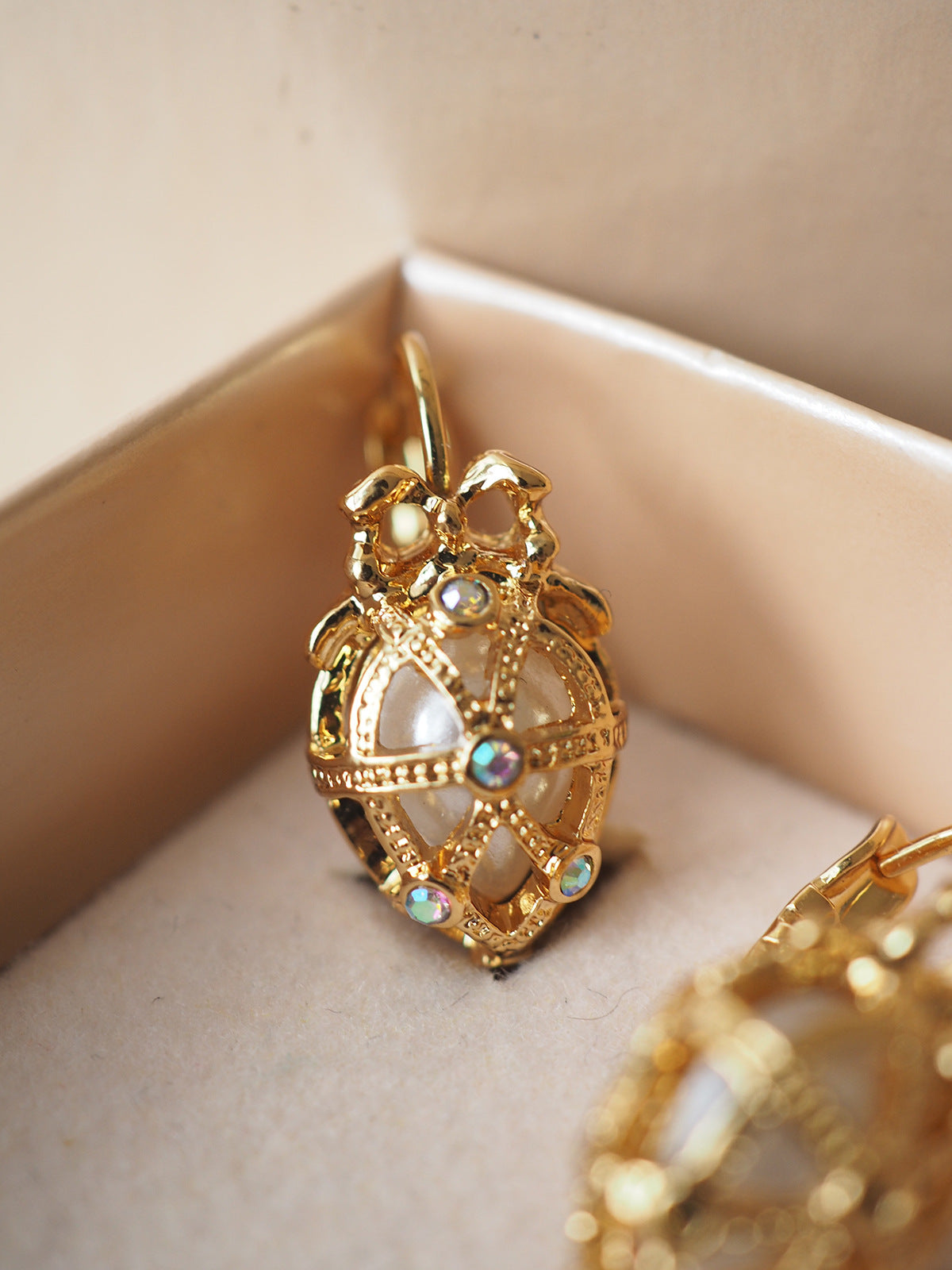 Vintage Easter Egg Bow Pendant Pearl Earrings Hollow Out by edenista
