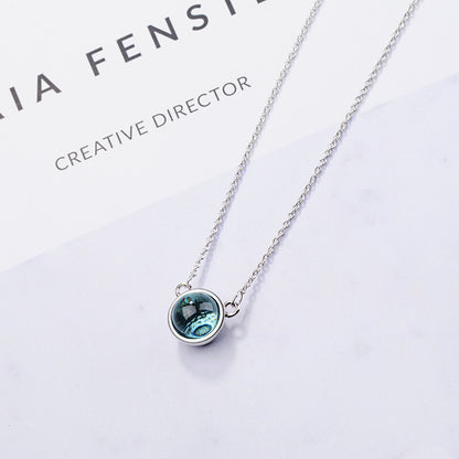 Blue gradient round temperament clavicle chain necklace with silver bezel by CJ