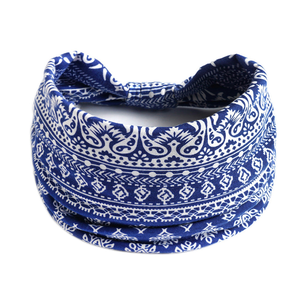 Bohemian Cashew Yoga Sports Headband in blue and white paisley pattern