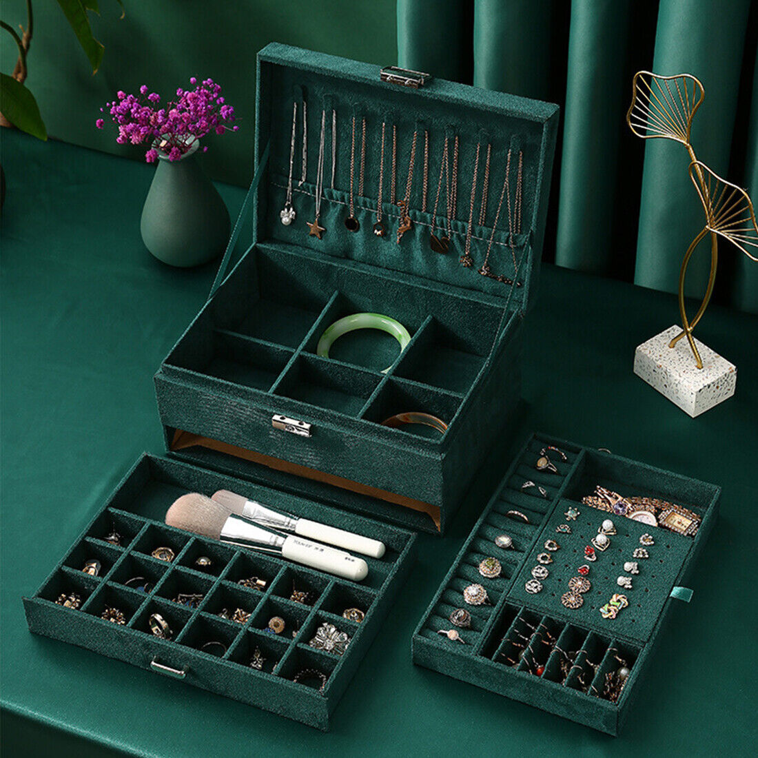 Green velvet edenista 3-layer jewelry box with necklace organizer and divided trays.