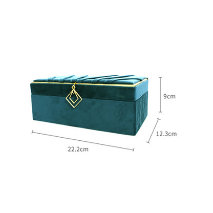 Jewelry storage box; teal velvet with gold clasp, rectangular desktop box, 22.2 cm L x 12.3 cm W x 9 cm H.