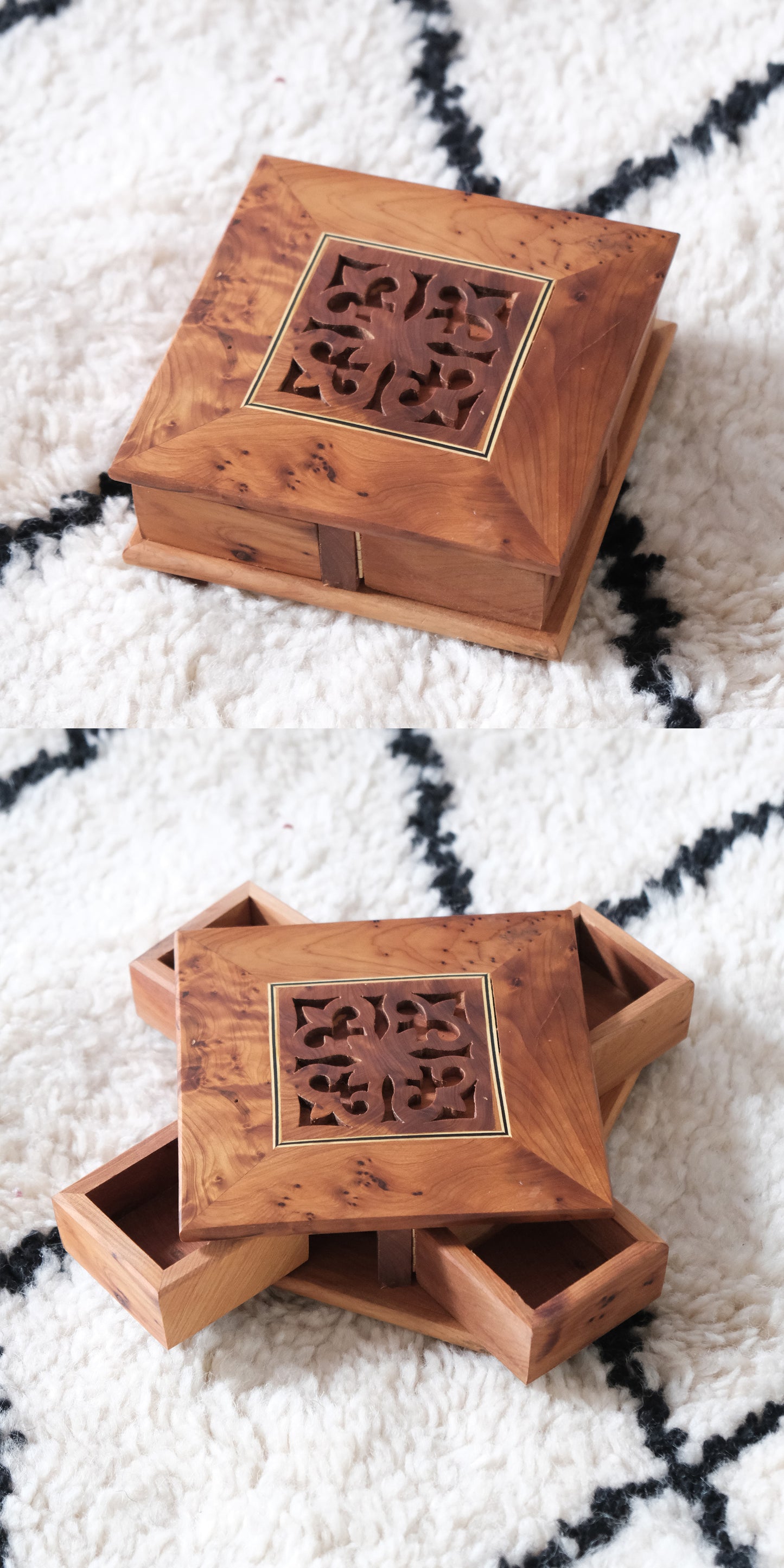 Moroccan handmade rotating wooden jewelry box with carved lid in warm brown wood.