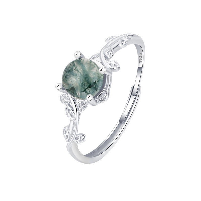 S925 Silver Green Moss Ring Water Plants Agate Stone Finger Ring by edenista
