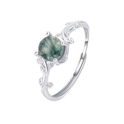 S925 Silver Green Moss Ring Water Plants Agate Stone Finger Ring by edenista
