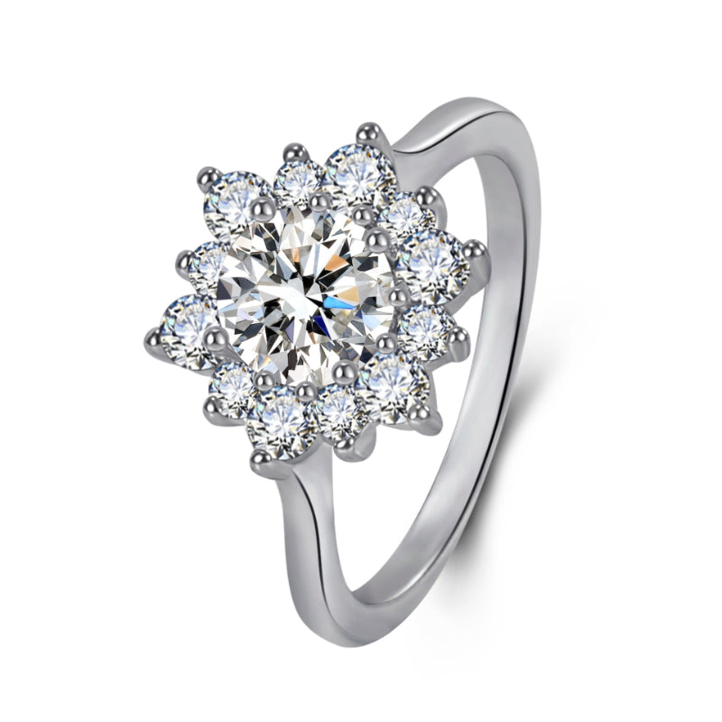 Diamond halo ring with snowflake-style cluster on a silver-tone band