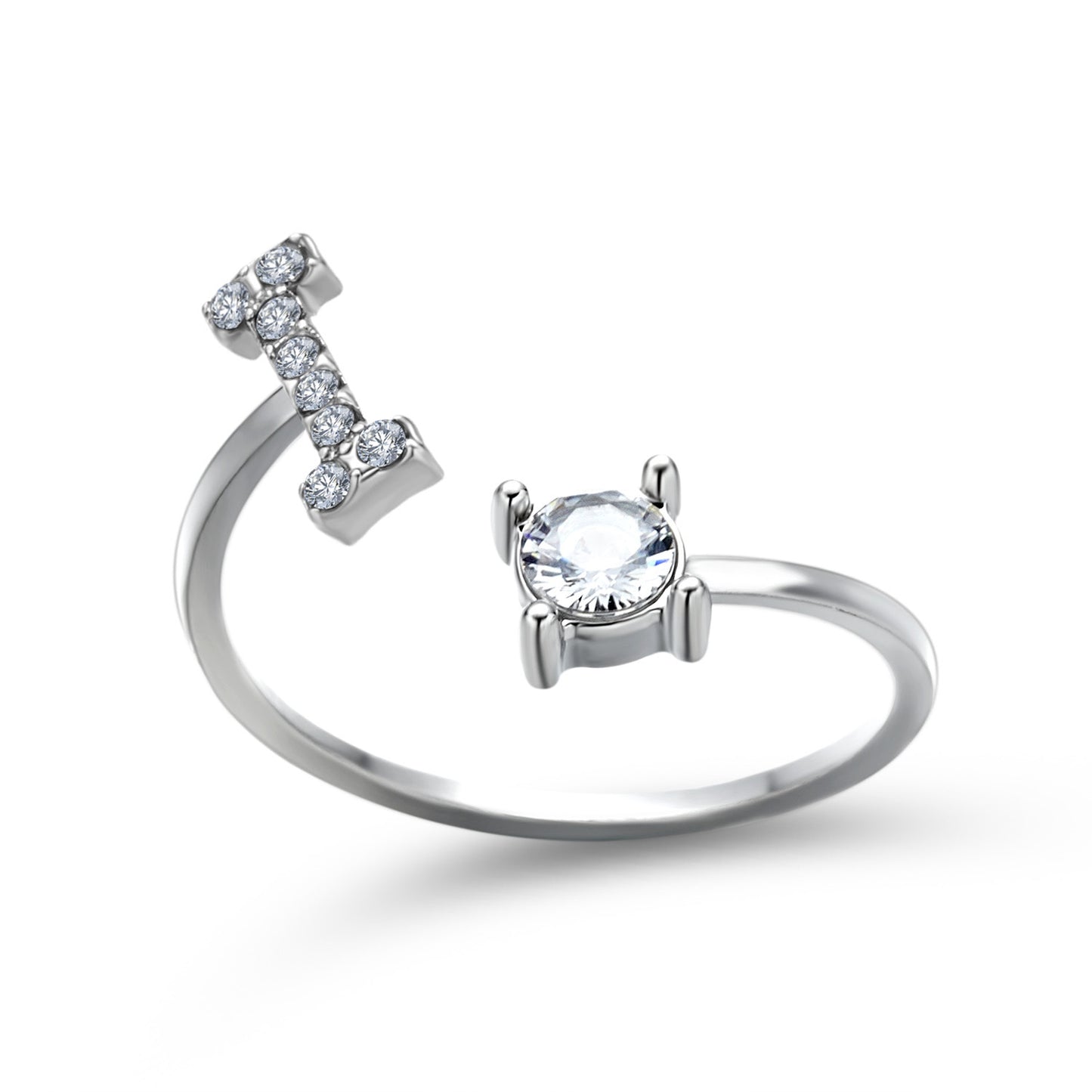 Adjustable silver-tone ring with pavé-set row of small clear stones on one end and a solitaire gemstone on the other
