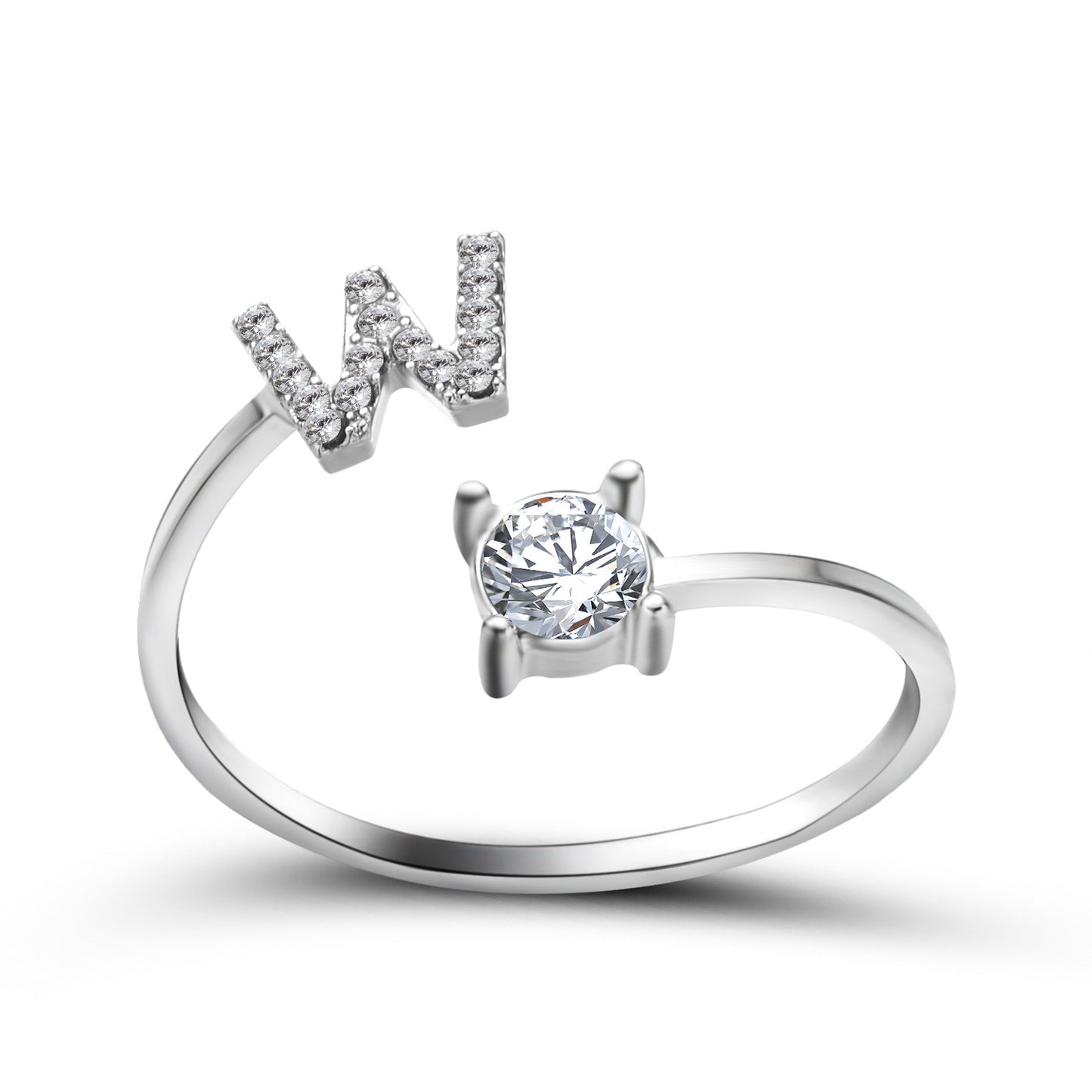 Ring with an adjustable silver band, crystal-studded W charm and a solitaire clear stone.