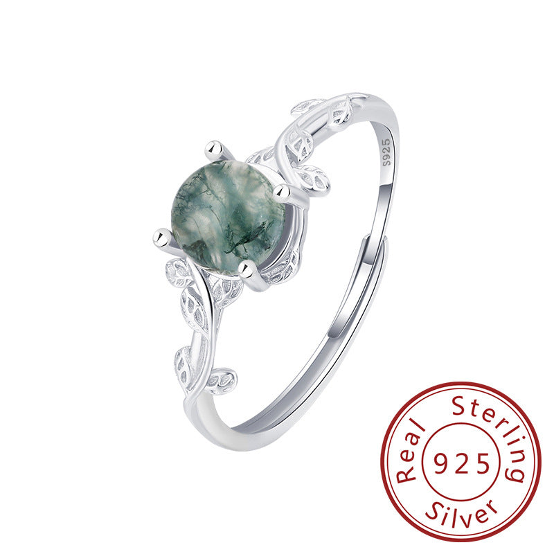 S925 Silver Green Moss Ring Water Plants Agate Stone Finger Ring by edenista