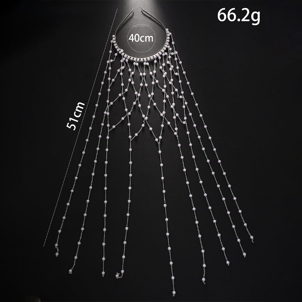 cj high-end pearl hairband with silver-tone base and long white pearl fringe for formal dresses
