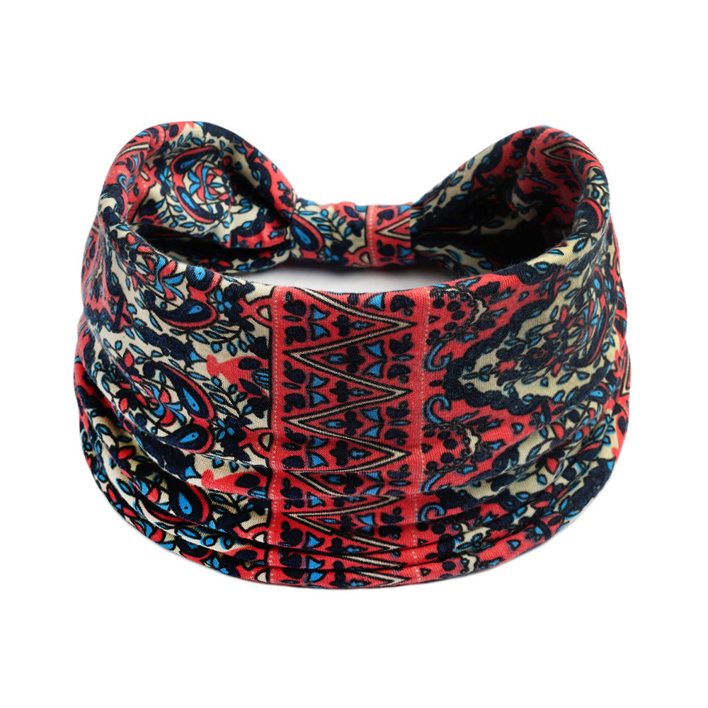 CJ yoga headband in bohemian red, blue and beige pattern with absorbent antiperspirant fabric
