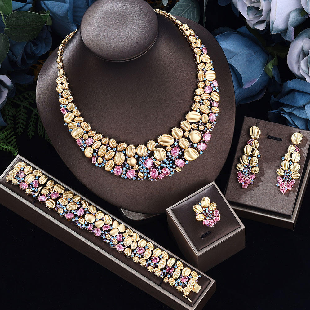 Exaggerated necklace and earrings wedding set, 4-piece gold-tone with pink and blue crystals