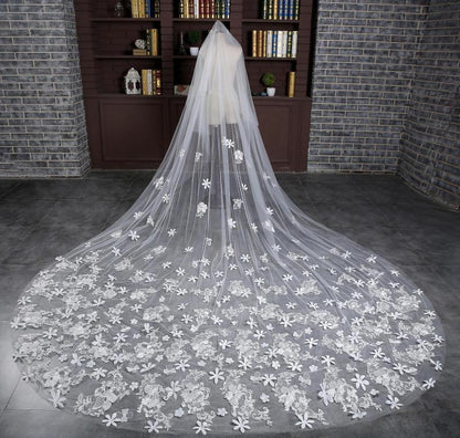 Bridal veil with 3-meter long train, sheer white tulle and floral lace embroidery.