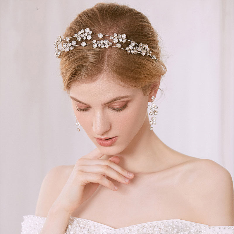 Bridal crystal hair jewelry set: floral headband with clear crystals and matching drop earrings