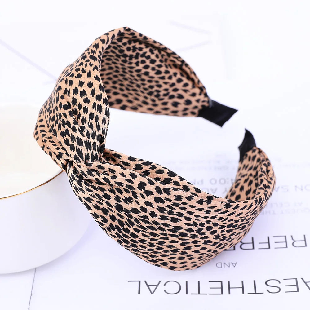 Wide Cross Leopard Print Headband – Elastic Bow Hair Hoop for Women & Girls
